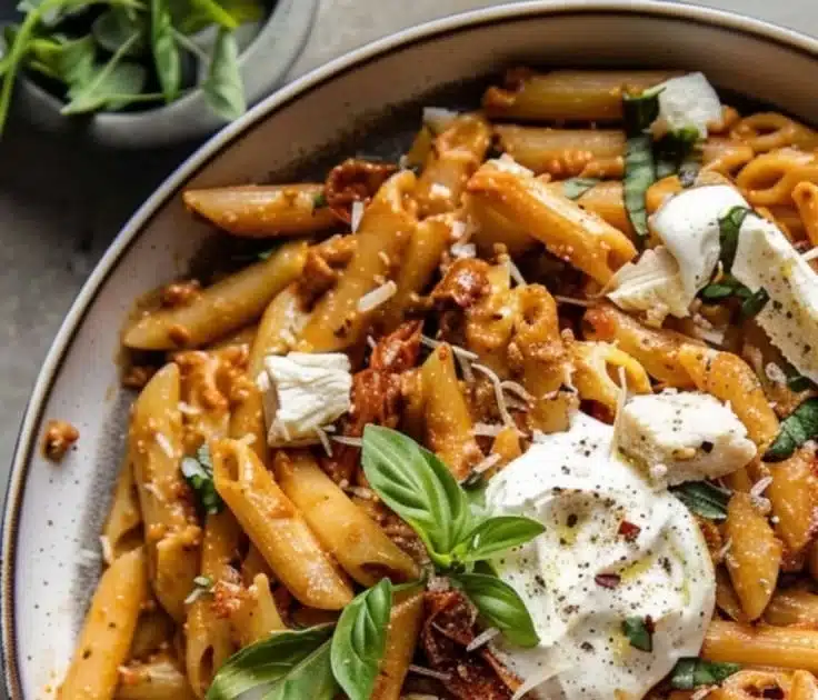 Creamy Sun-Dried Tomato Basil Pasta 4 Creamy sun-dried tomato basil pasta dish garnished with fresh basil