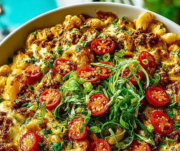 Delicious creamy taco mac and cheese dish topped with spices and cheese