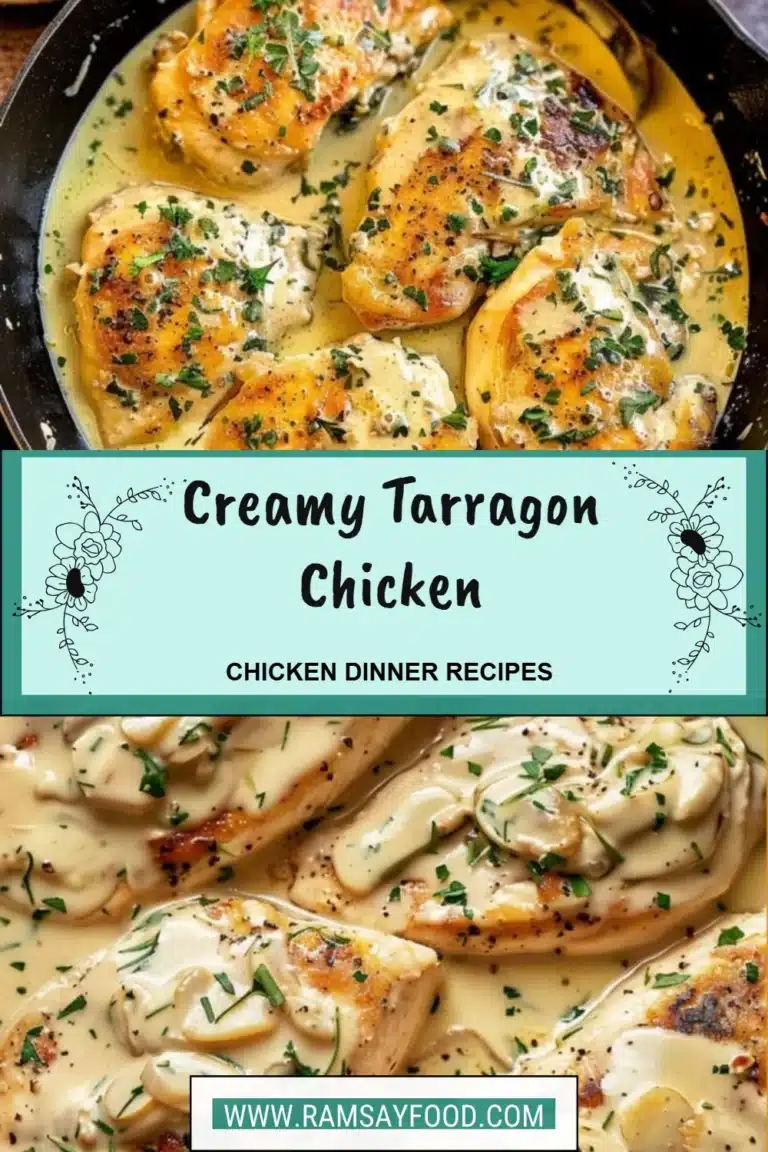 Creamy Tarragon Chicken served on a plate with herbs and vegetables