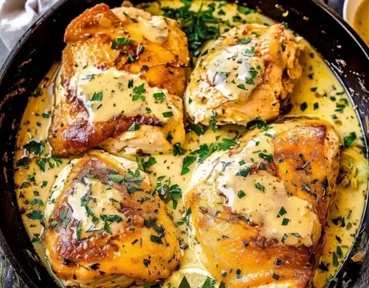 Creamy Tarragon Chicken served with herbs and vegetables