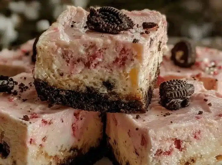 Creamy Valentine’s Pink Velvet Oreo Cheesecake Bars 5 Creamy Valentine’s Pink Velvet Oreo cheesecake bars topped with crushed Oreos.