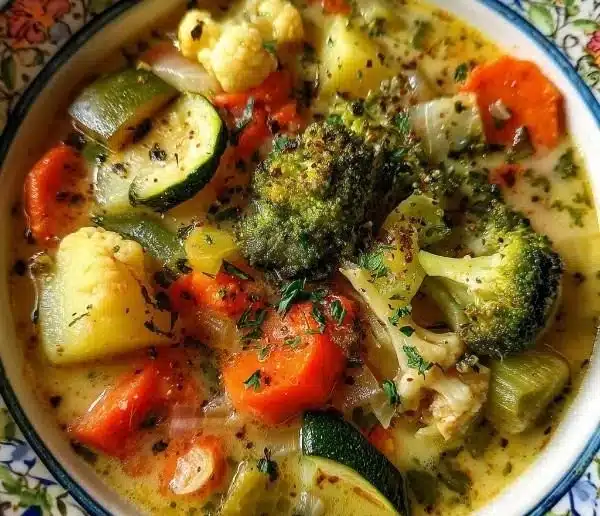 Bowl of creamy vegetable soup with fresh vegetables and herbs