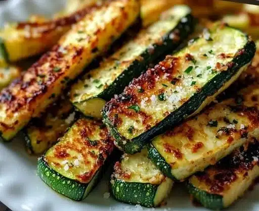 Plate of crispy air fryer zucchini slices, a healthy and tasty snack option.