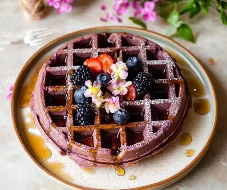 Delicious crispy and tender ube waffles served with toppings