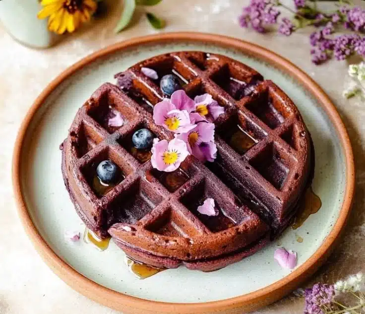 Crispy and tender ube waffles served with toppings