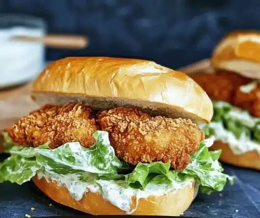 Crispy Chicken Caesar Sandwich with lettuce and Caesar dressing on a plate
