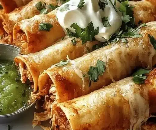 Crispy Chicken Taquitos: Easy, Flavor-Packed Appetizer Delight 7 Plate of crispy chicken taquitos topped with salsa and guacamole