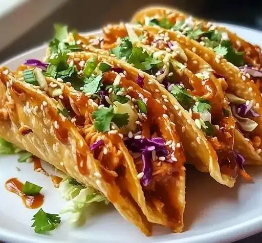 Crispy Chicken Wonton Tacos served with fresh toppings and dipping sauce
