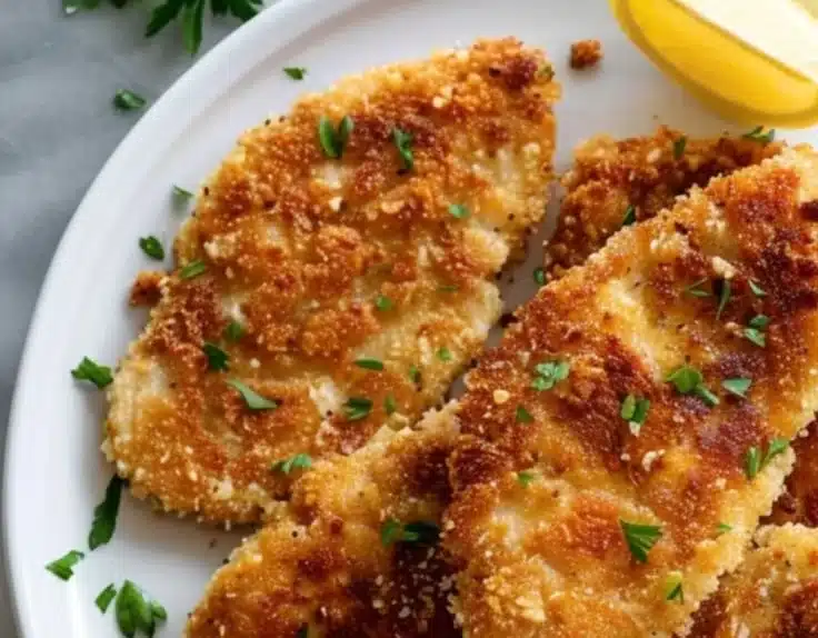 Crispy Parmesan Crusted Chicken Cutlets 5 Crispy Parmesan Crusted Chicken Cutlets on a plate, garnished with herbs.