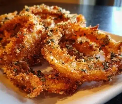 Crispy Parmesan Onion Ring Chips 6 Plate of crispy Parmesan onion ring chips, a delicious snack option.