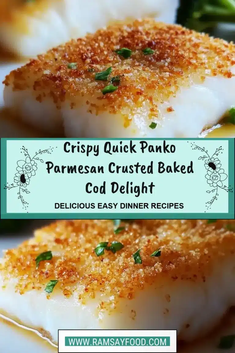 Crispy baked cod with Panko Parmesan crust garnished with lemon and herbs