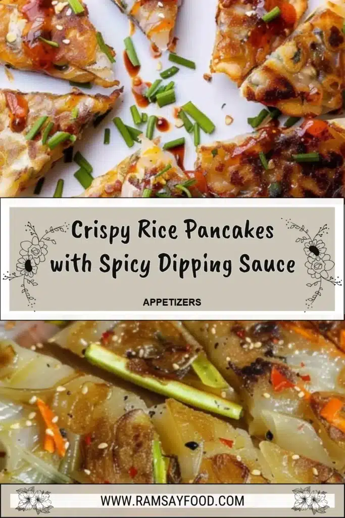 Plate of crispy rice pancakes served with spicy dipping sauce