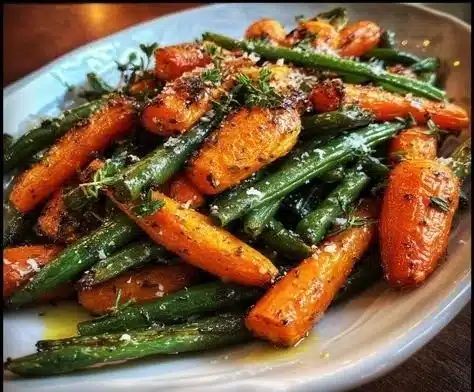 Crispy roasted carrots and green beans served on a plate