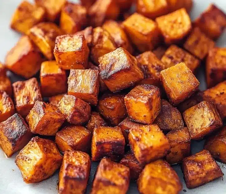Delicious crispy roasted sweet potato cubes ready to be served.