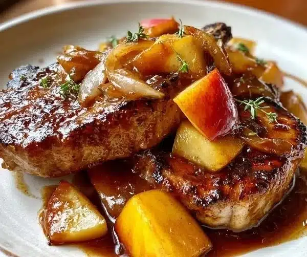 Crock Pot apple pork chops served with fresh herbs and apple slices