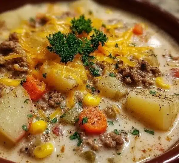 Crockpot Creamy Potato & Hamburger Soup 8 Crockpot creamy potato hamburger soup in a bowl with ingredients on the side