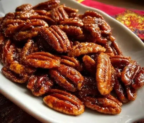Crockpot Fireball Whisky Candied Pecans in a bowl garnished with cinnamon