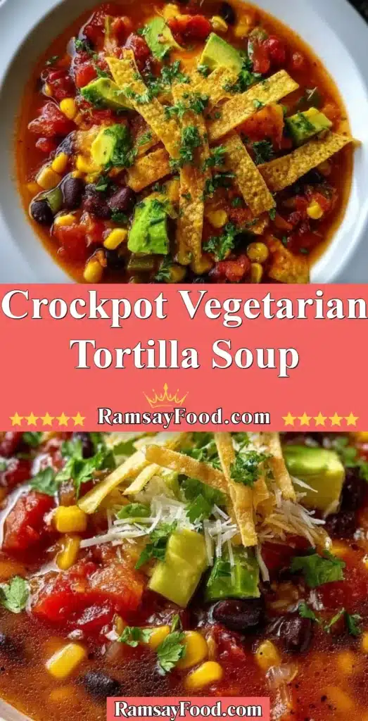 A bowl of colorful Crockpot Vegetarian Tortilla Soup garnished with tortilla strips.