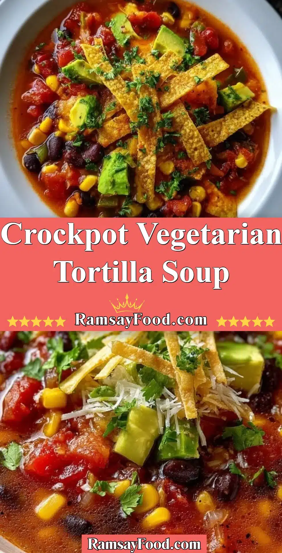 Crockpot Vegetarian Tortilla Soup 2 A bowl of colorful Crockpot Vegetarian Tortilla Soup garnished with tortilla strips.