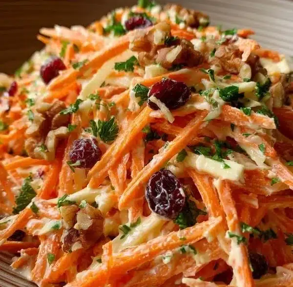 Crunchy apple carrot salad with creamy citrus dressing in a bowl.