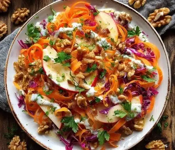 Crunchy Apple Carrot Salad with Creamy Citrus Dressing 8 Crunchy apple carrot salad with creamy citrus dressing on a wooden table