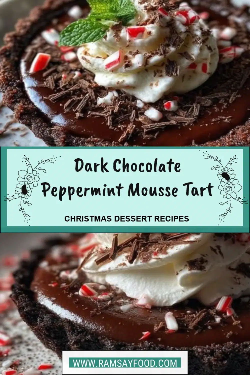 Dark Chocolate Peppermint Mousse Tart 2 Dark chocolate peppermint mousse tart topped with chocolate shavings and mint leaves