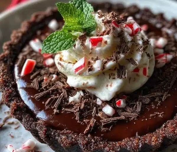 Dark Chocolate Peppermint Mousse Tart with mint garnish on a plate