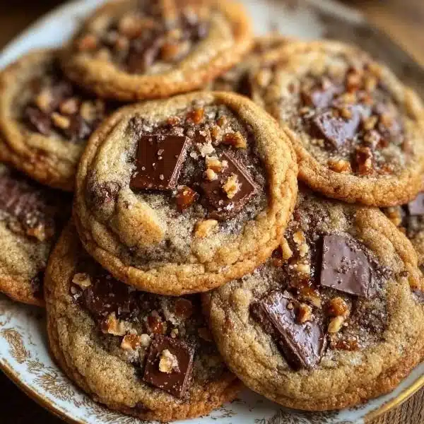 Chewy toffee cookies with rich chocolate chunks on a plate