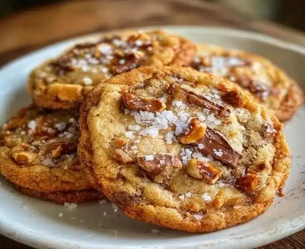 Decadent chewy toffee cookies with sea salt on a baking tray