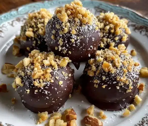 Decadent chocolate-dipped bourbon balls with a nutty crunch on a wooden platter