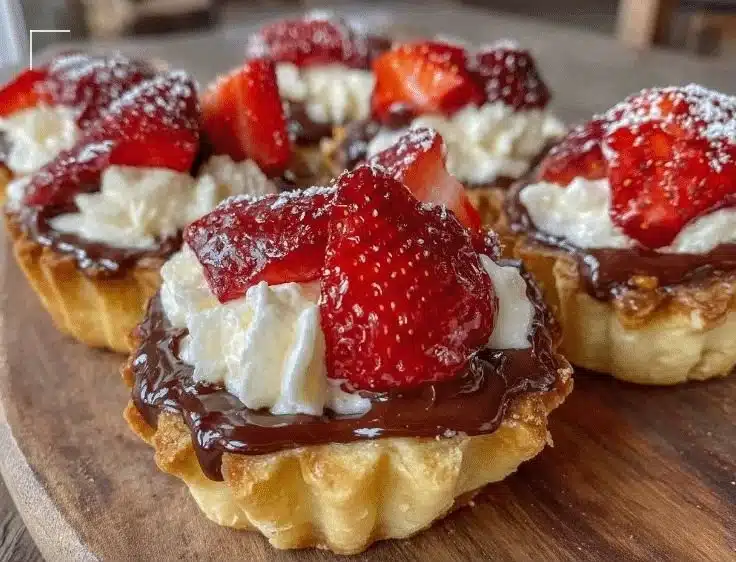 Decadent chocolate-dipped strawberry cream tartlets on a serving platter