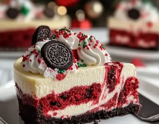 Decadent Christmas Red Velvet Cheesecake for Holiday Cheers 8 Decadent red velvet cheesecake decorated for Christmas celebrations