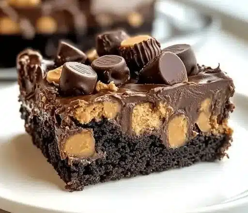 Decadent Reese's peanut butter earthquake cake with chocolate drizzle and peanut butter cups.