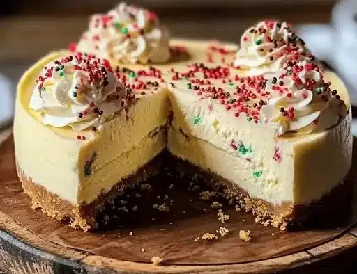 Decadent sugar cookie cheesecake topped with whipped cream and sprinkles
