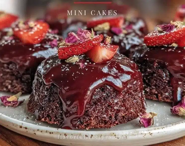 Decadent Valentine’s Strawberry Ganache Mini Cakes 6 Decadent strawberry ganache mini cakes for Valentine's Day celebration.