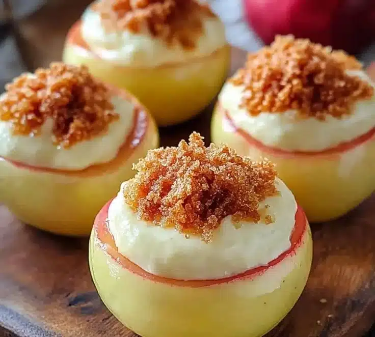Delicious cheesecake stuffed baked apples topped with caramel and nuts