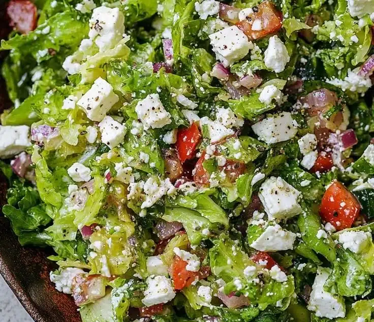 Delicious feta chopped salad with fresh vegetables and herbs