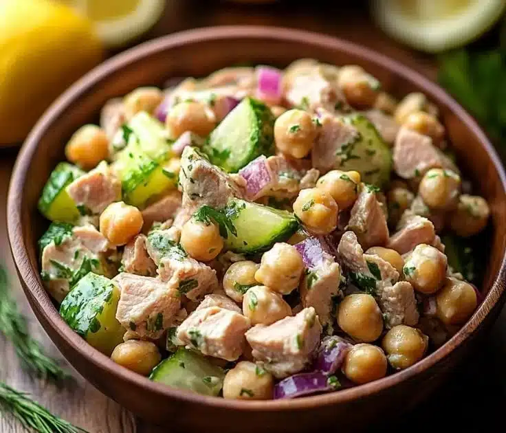 Quick and healthy tuna garbanzo bean salad served in a bowl