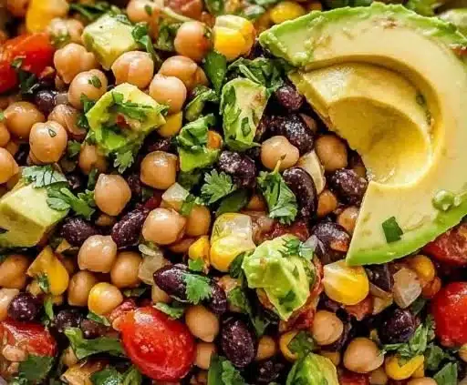 Delicious Southwest Chickpea Black Bean Salad in 15 Minutes 9 Colorful Southwest Chickpea Black Bean Salad in a bowl with fresh ingredients.