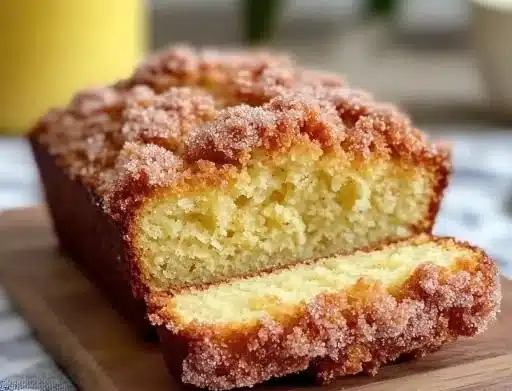 Homemade Vanilla Eggnog Bread with Crumb Topping on a festive table