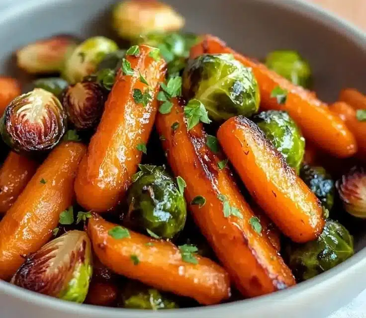 Deliciously Crispy Maple Glazed Carrots and Brussels Sprouts 7 Crispy maple glazed carrots and Brussels sprouts on a white plate