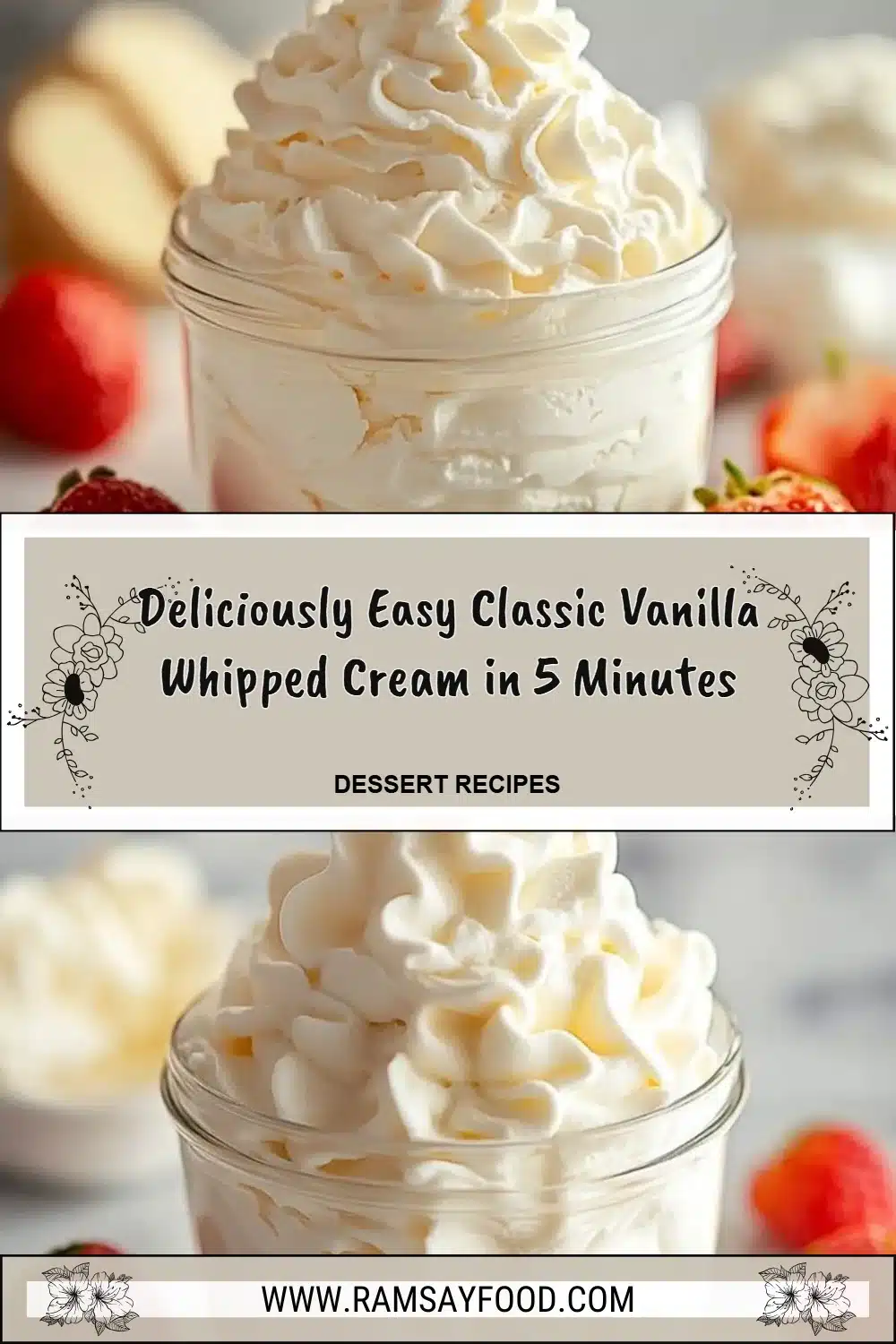 Bowl of classic vanilla whipped cream ready to top desserts.