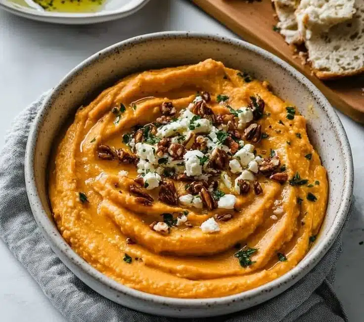 Delicious pumpkin whipped feta dip served in a bowl with crackers