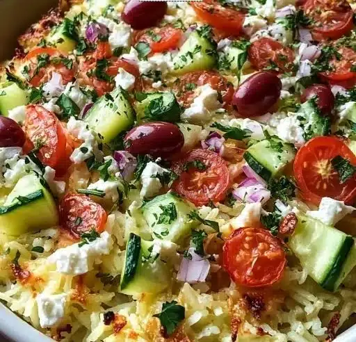 Delicious Dump-and-Bake Chicken Tzatziki Casserole ready to serve.