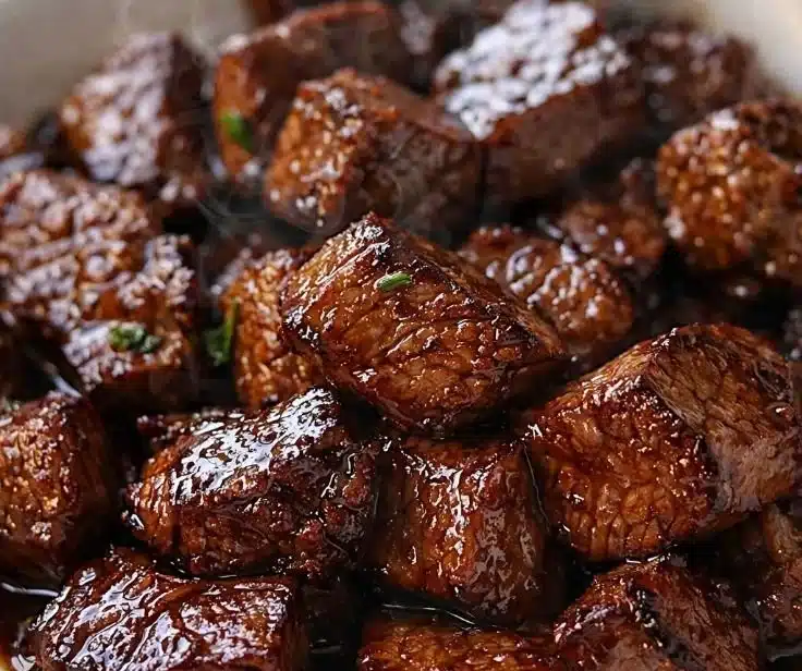 Tender and juicy crockpot steak bites served on a plate with vegetables.