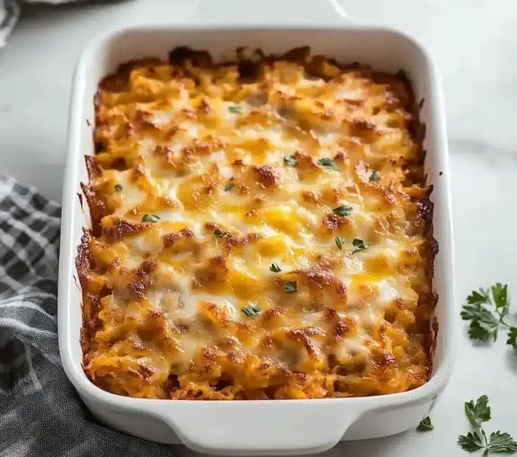 Delicious egg hashbrown casserole served in a cozy breakfast setting