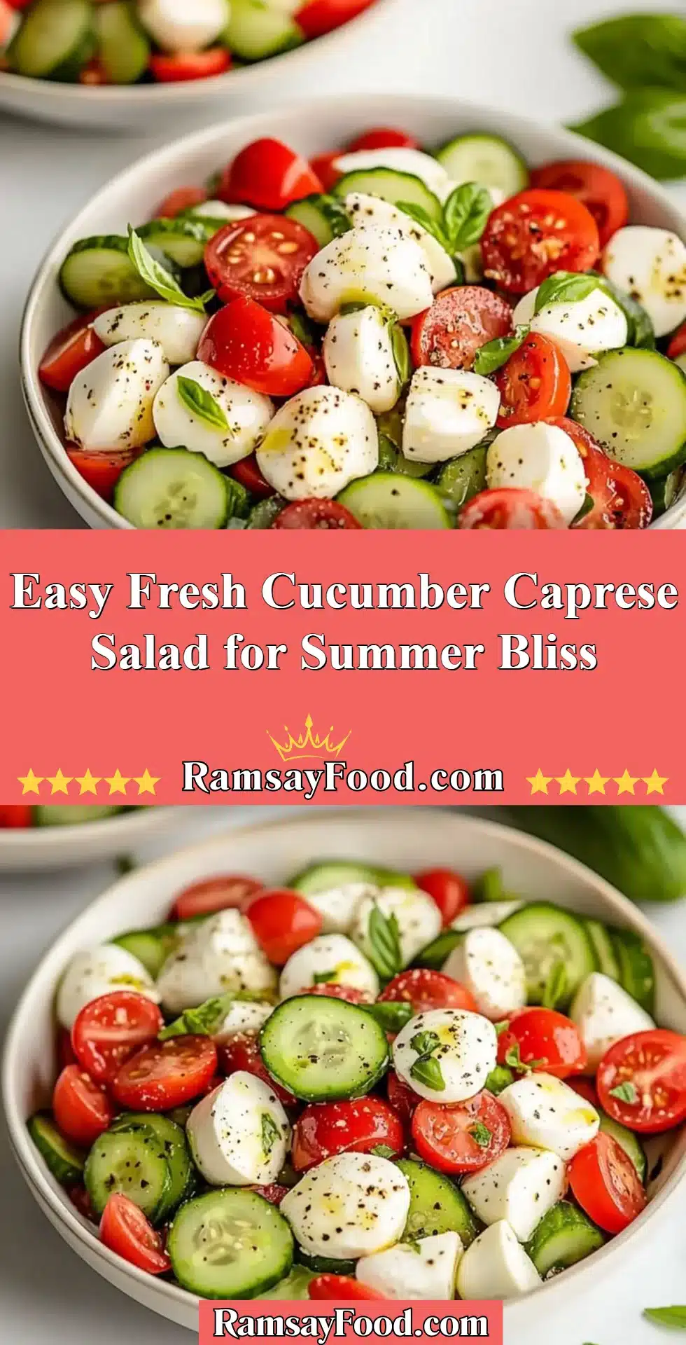 Fresh cucumber caprese salad with mozzarella and basil on a plate