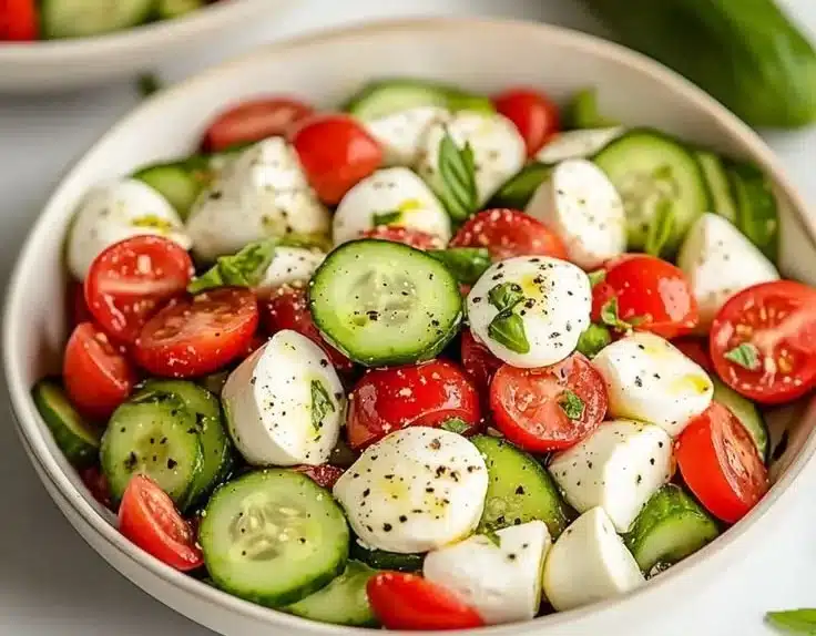 Easy Fresh Cucumber Caprese Salad for Summer Bliss 5 Fresh Cucumber Caprese Salad with tomatoes and mozzarella in a bowl