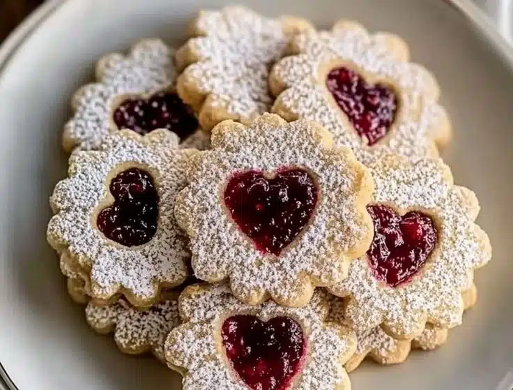 Easy Linzer cookies filled with raspberry jam on a plate