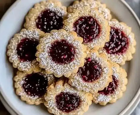 Plate of easy Linzer cookies with raspberry jam filling